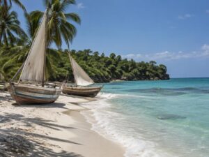 Two wooden fishing sailboats on a white sand beach with palms and a calm turquoise bay in Haiti