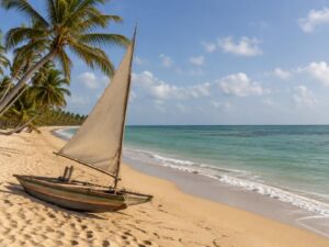 Small wooden jangada sailboat resting on a golden-sand beach with leaning coconut palms and turquoise water in Brazil