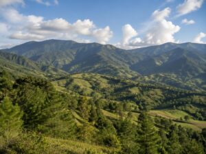 Green mountain valley with pine-covered ridges, rolling farm fields and soft clouds in the Dominican Republic