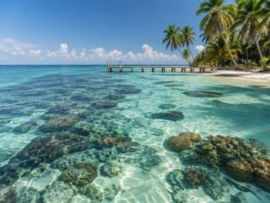 Turquoise reef shallows with a wooden dock and coconut palms on a white sand caye in Belize
