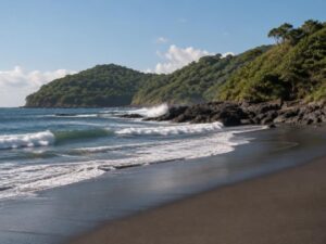 Pacific surf beach with dark volcanic sand, a rocky point and green hills in El Salvador