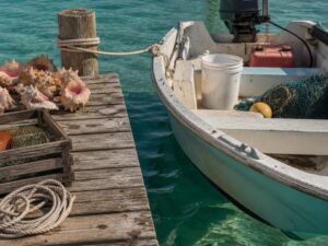 Wooden dock with conch shells and rope beside a small fishing boat in clear turquoise water in the Bahamas