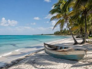 White-sand beach with leaning palms and a small wooden fishing boat beside turquoise water in Cuba