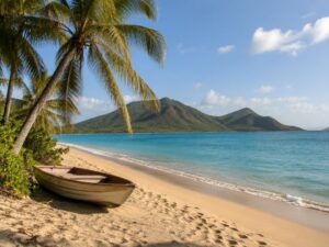 Golden-sand beach with a coconut palm, a small wooden rowboat, turquoise water, and green hills across the water in Saint Kitts and Nevis