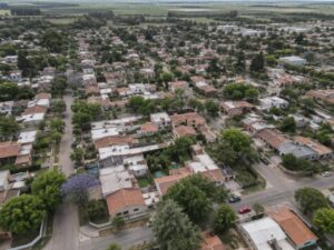Aerial view of a present-day residential neighborhood with red tile and flat roofs, leafy trees and a flowering jacaranda, with open countryside beyond in Argentina