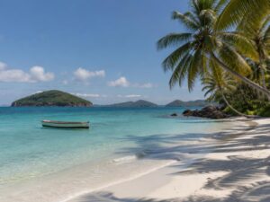 White-sand beach with coconut palms, a small boat anchored in a calm turquoise bay, and small green islands on the horizon in Saint Vincent and the Grenadines