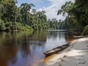 Dark tea-colored rainforest river with a wooden dugout canoe on a white sand bank in Guyana