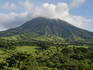 Green volcanic mountain with its summit in cloud, rainforest slopes and green fields below in Saint Kitts and Nevis