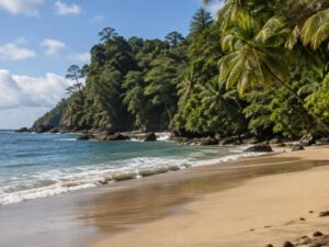 Golden sand Pacific beach with gentle surf, jungle, palm trees and a rocky headland in Costa Rica