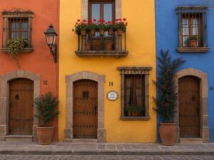 Colorful painted townhouse facades with wooden doors and flower-filled balconies in Mexico