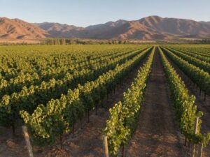 Long rows of green grapevines in a Central Valley vineyard in late-afternoon light with dry brown foothills beyond in Chile