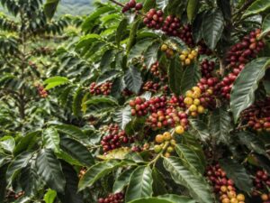 Close-up of coffee branches with glossy leaves and ripe red and yellow coffee cherries on a hillside farm in Costa Rica