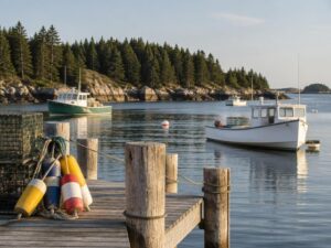 New England harbor with wooden docks, colorful lobster buoys and small lobster boats in the United States