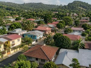 Aerial view of a present-day residential neighborhood with pastel homes, tile and metal roofs, palm trees and forested hills in Panama