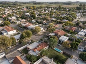 Aerial view of a residential neighborhood with flat and red tile roofs, leafy street trees and open countryside in Uruguay