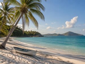 White-sand beach with leaning coconut palms and a small rowboat beside turquoise water in Antigua and Barbuda