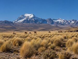 High Andean altiplano with golden ichu grass, llamas grazing in the distance and snow-capped mountains under a deep blue sky in Bolivia