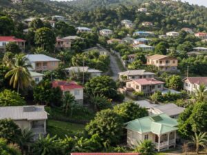 Aerial view of a hillside residential neighborhood with one and two-story homes, metal roofs, palms, and green hills in Saint Vincent and the Grenadines