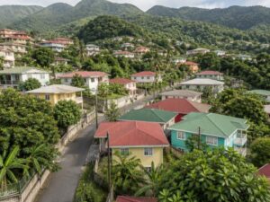 Aerial view of a hillside neighborhood with colorful homes, red, green and white metal roofs, palms and forested mountains in Dominica