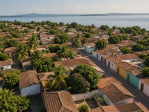 Aerial view of a present-day residential neighborhood with colorful walls, red tile roofs, palm trees and a lake beyond in Nicaragua