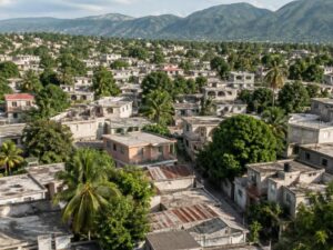 Aerial view of an everyday residential neighborhood with concrete homes, metal roofs, mango and palm trees, and green mountains in Haiti