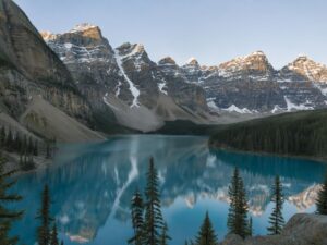 Turquoise glacial lake with Rocky Mountain peaks in Canada
