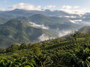 Misty forested mountain ridges with rows of coffee shrubs on the lower slopes in Jamaica