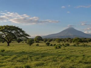 Green lowland pasture with scattered guanacaste trees and a distant volcanic cone under a blue sky in Nicaragua