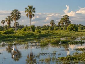 Pantanal wetlands with shallow lagoons, floating plants, wading birds and palm groves under a sky with white clouds in Brazil